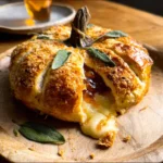 Pumpkin Baked Brie Recipe – Ultimate Fall Favorite in 30 Mins 6 Pumpkin Baked Brie with melted cheese and jam filling on wooden board