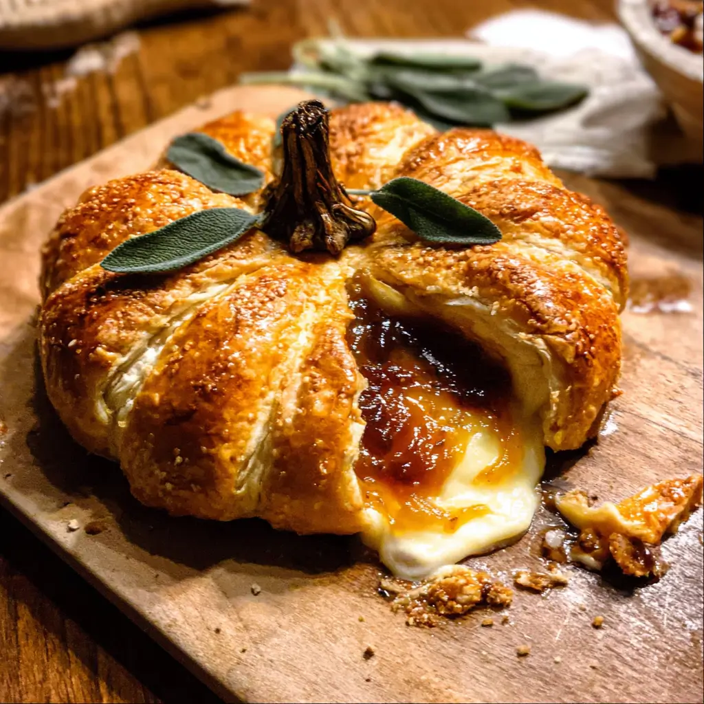 Pumpkin Baked Brie Recipe – Ultimate Fall Favorite in 30 Mins 5 Pumpkin Baked Brie with golden crust, sage leaves, and jam filling on wooden board