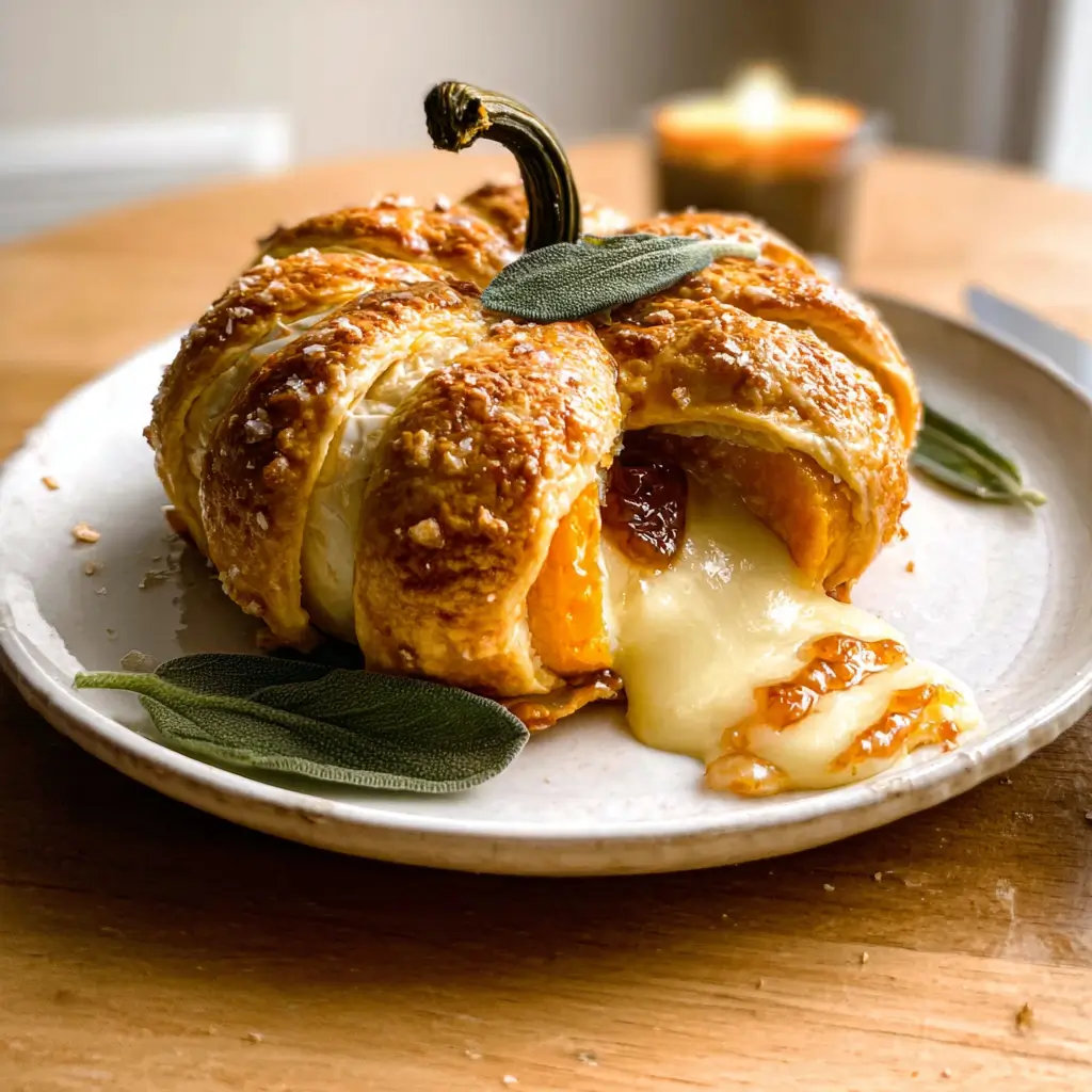 Pumpkin Baked Brie Recipe – Ultimate Fall Favorite in 30 Mins 7 Pumpkin Baked Brie with flaky pastry, melted cheese, and sage on a plate