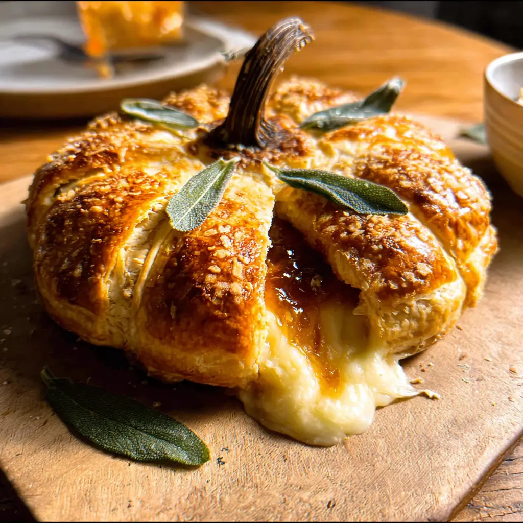 Pumpkin Baked Brie Recipe – Ultimate Fall Favorite in 30 Mins 4 Pumpkin Baked Brie with melted cheese and jam filling on wooden board