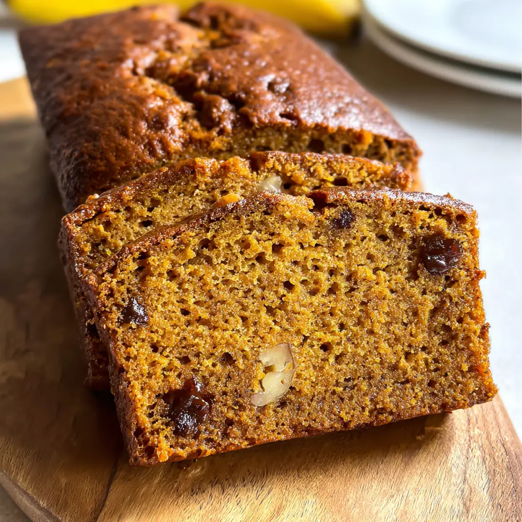 Best Pumpkin Banana Bread – Ultimate Cozy Fall Recipe 5 Freshly baked pumpkin banana bread loaf sliced on wooden board