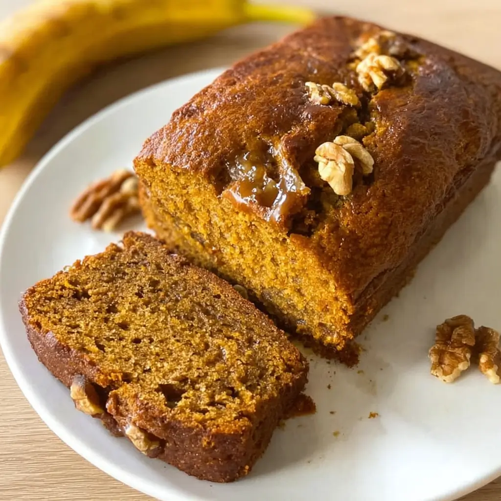 Pumpkin banana bread loaf with walnuts on a white plate