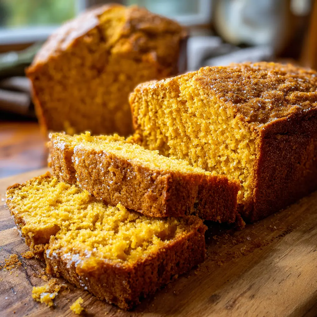 Pumpkin Bread Recipe – Rich, Spiced & Easy | 5-Star Favorite Bake 8 Golden pumpkin bread sliced on wooden board with moist crumb and crisp crust