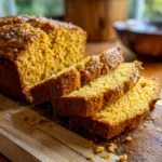 Pumpkin Bread Recipe – Rich, Spiced & Easy | 5-Star Favorite Bake 7 Pumpkin bread loaf with sliced pieces on cutting board in warm kitchen light