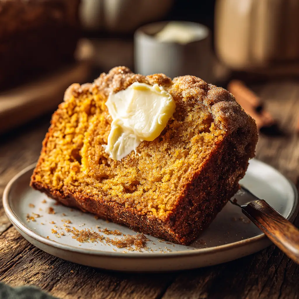 Pumpkin Bread Recipe – Rich, Spiced & Easy | 5-Star Favorite Bake 9 Slice of pumpkin bread with melted butter on top, served on a white plate