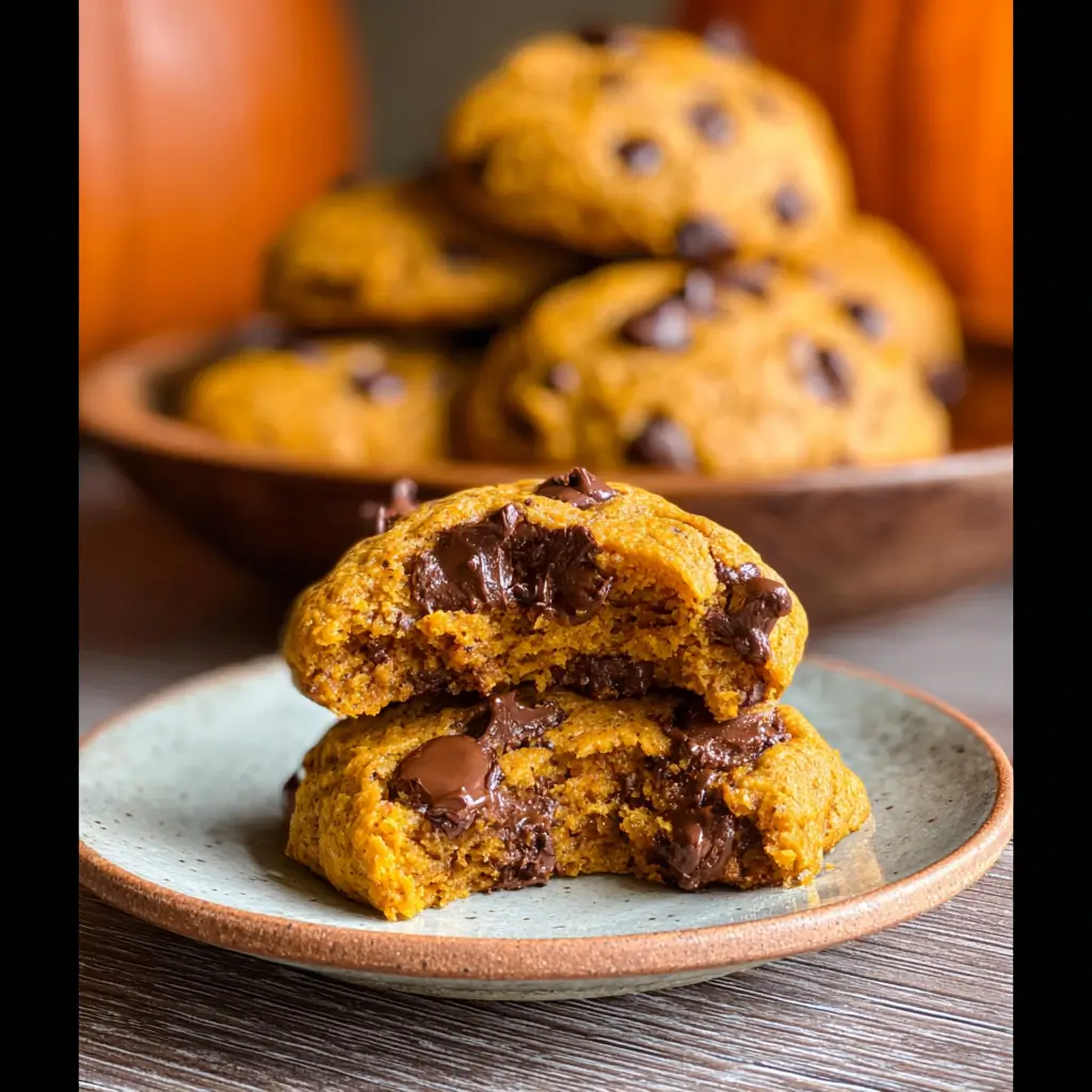 Pumpkin Chocolate Chip Cookies – 7 Soft & Gooey Secrets You’ll Love 6 Pumpkin chocolate chip cookies stacked on a plate with melted chocolate and soft interior