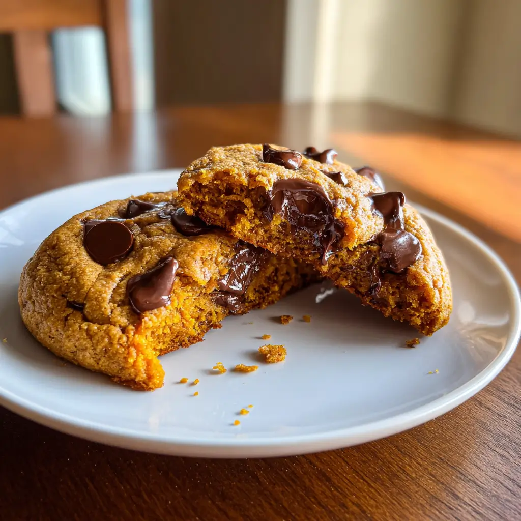 Pumpkin Chocolate Chip Cookies – 7 Soft & Gooey Secrets You’ll Love 9 Soft pumpkin chocolate chip cookie broken in half showing melted chocolate and moist texture