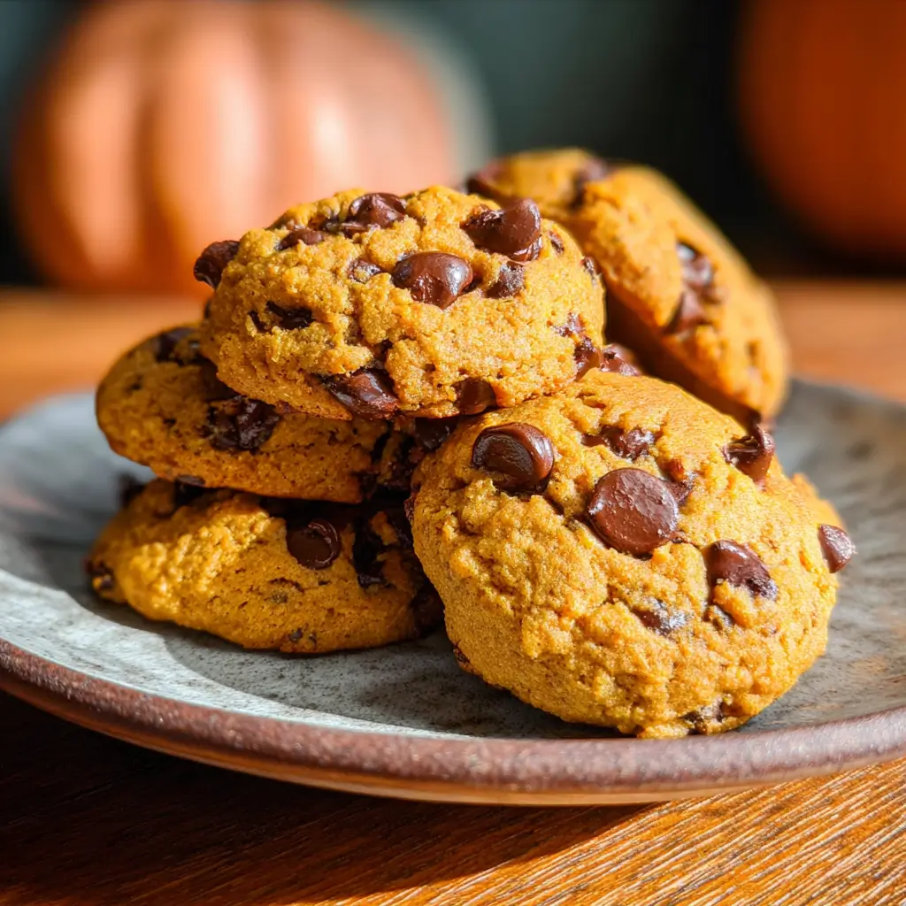 Stack of pumpkin chocolate chip cookies on a ceramic plate with visible chocolate chips