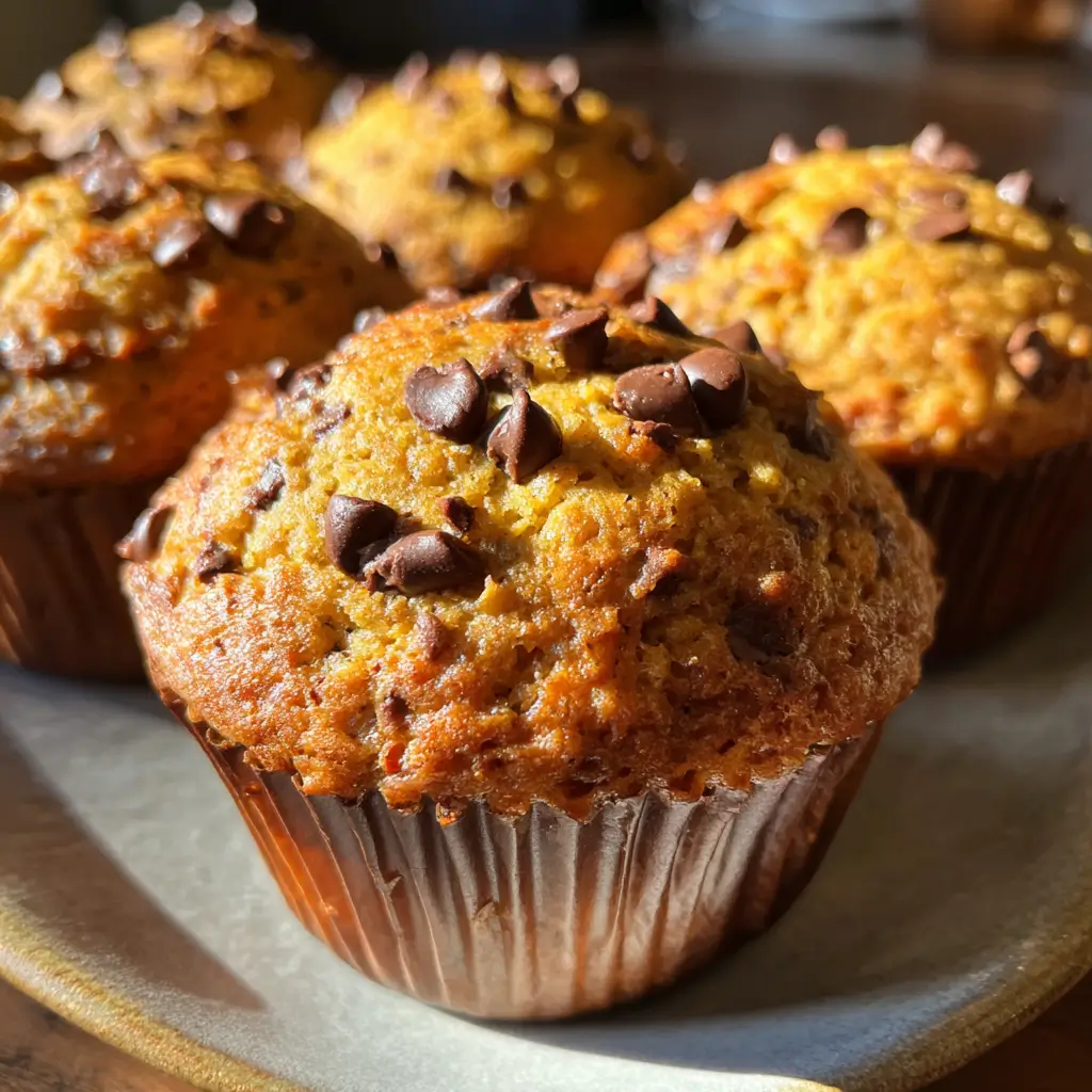 Pumpkin Chocolate Chip Muffins – 5-Star Recipe Everyone Will Love 8 Freshly baked Pumpkin Chocolate Chip Muffins with golden tops and melted chips