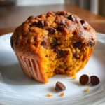 Pumpkin Chocolate Chip Muffins – 5-Star Recipe Everyone Will Love 7 Pumpkin Chocolate Chip Muffin on white plate with visible crumb and chocolate chips