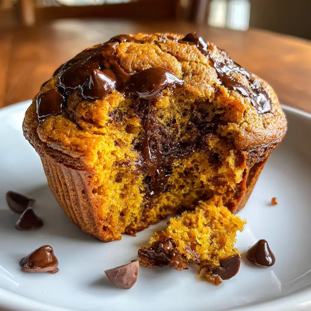 Pumpkin Chocolate Chip Muffins – 5-Star Recipe Everyone Will Love 6 Close-up of gooey Pumpkin Chocolate Chip Muffin with melted chocolate inside