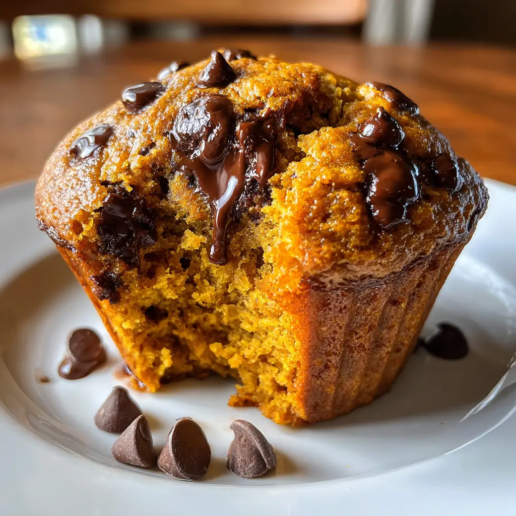 Pumpkin Chocolate Chip Muffin with melted chocolate and golden crumb