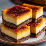 7 Secrets To Perfect Pumpkin Crème Brûlée Cheesecake Bars 6 Pumpkin Crème Brûlée Cheesecake Bars with caramelized sugar topping on chocolate-lined graham crust