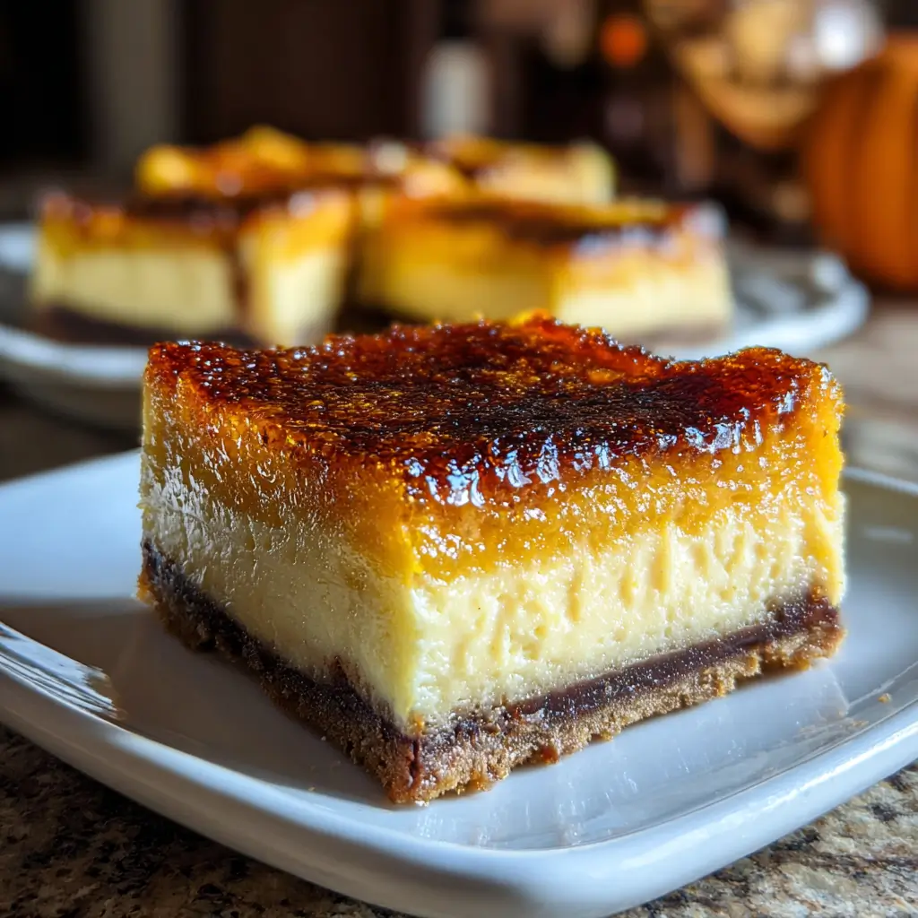 7 Secrets To Perfect Pumpkin Crème Brûlée Cheesecake Bars 7 Single Pumpkin Crème Brûlée Cheesecake Bar on a white plate with caramelized sugar topping and chocolate graham crust