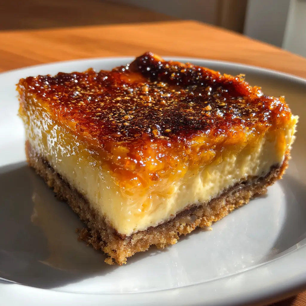 Close-up of Pumpkin Crème Brûlée Cheesecake Bar with glossy caramelized sugar top and chocolate graham cracker crust