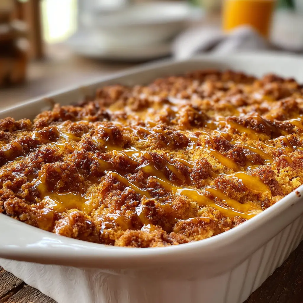 Pumpkin Dump Cake – Stunning Fall Dessert in 5 Simple Steps 8 Freshly baked pumpkin dump cake with caramel drizzle in white baking dish