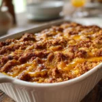 Pumpkin Dump Cake – Stunning Fall Dessert in 5 Simple Steps 7 Pumpkin dump cake baked in white casserole dish with golden crumb topping