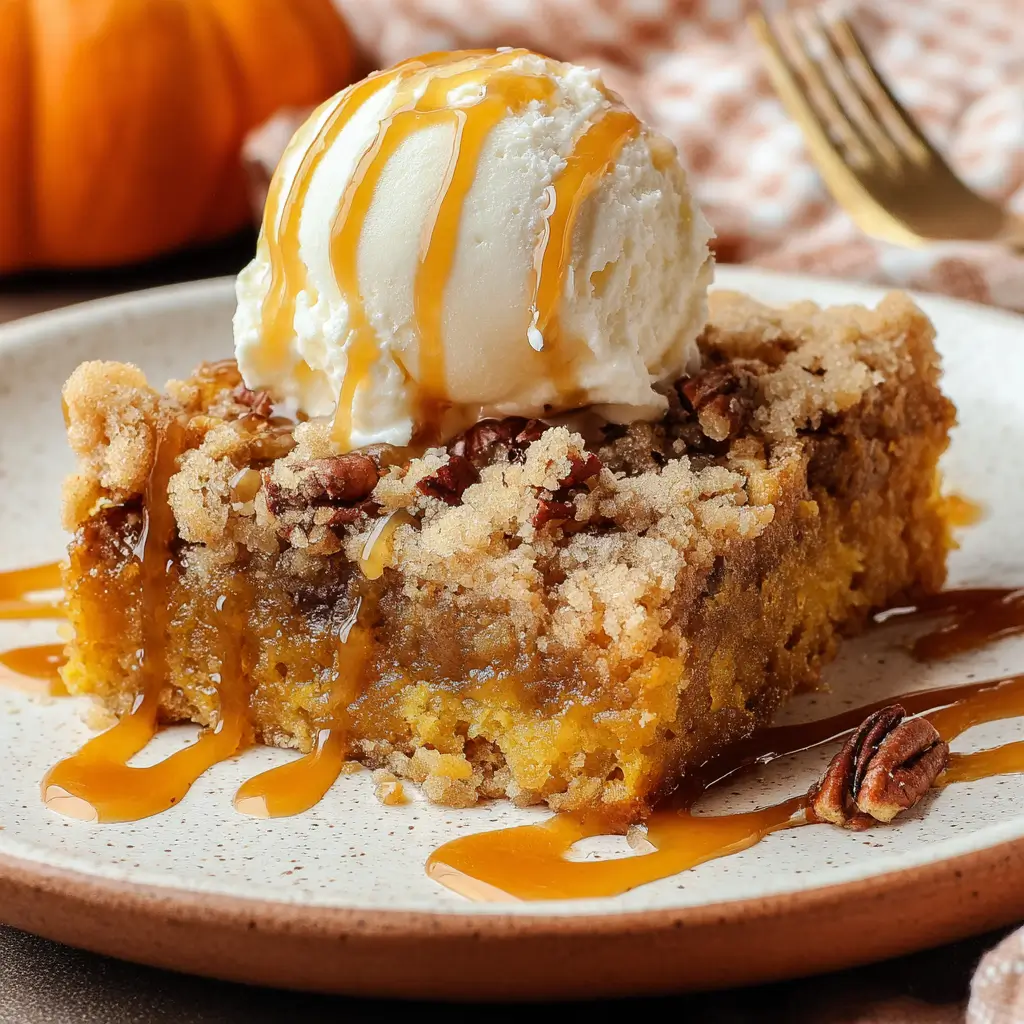Pumpkin Dump Cake – Stunning Fall Dessert in 5 Simple Steps 9 Pumpkin dump cake topped with vanilla ice cream and caramel drizzle