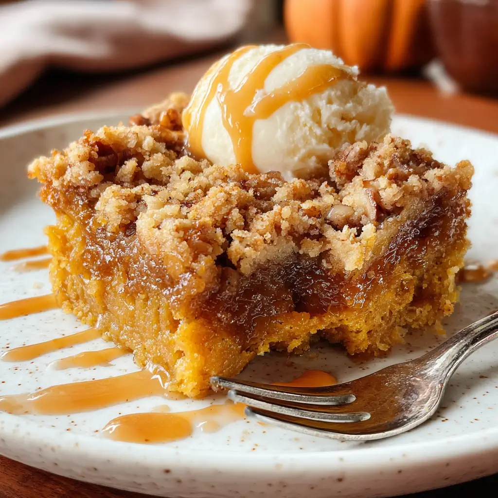 Pumpkin Dump Cake – Stunning Fall Dessert in 5 Simple Steps 5 Pumpkin dump cake slice with vanilla ice cream and caramel drizzle