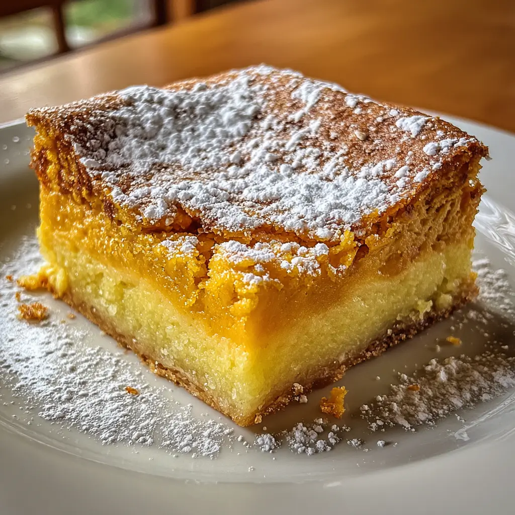 Pumpkin Gooey Butter Cake in 5 Easy Steps to Perfection 5 Close-up of pumpkin gooey butter cake slice with golden crust and powdered sugar