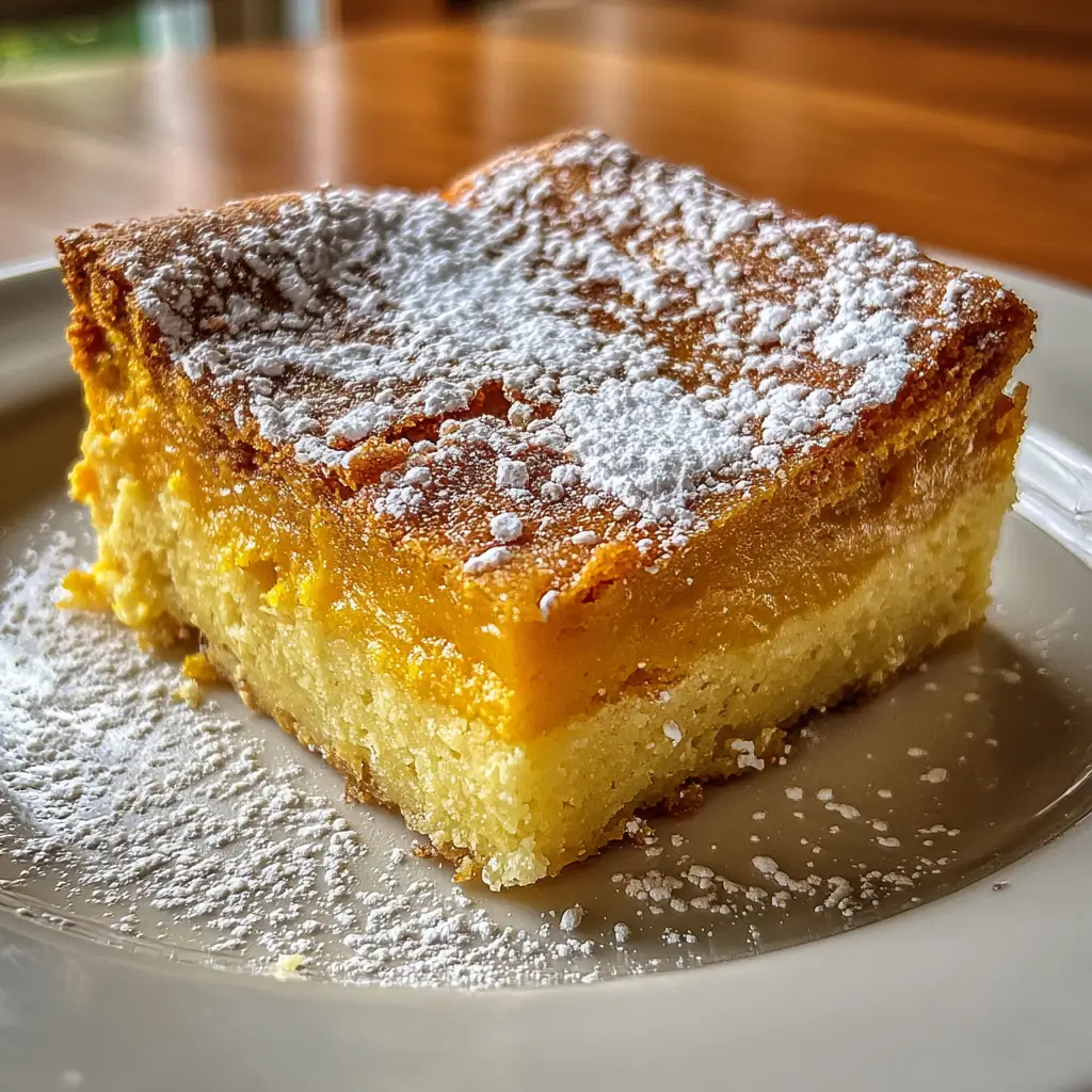 Pumpkin Gooey Butter Cake in 5 Easy Steps to Perfection 4 Slice of pumpkin gooey butter cake with powdered sugar on top
