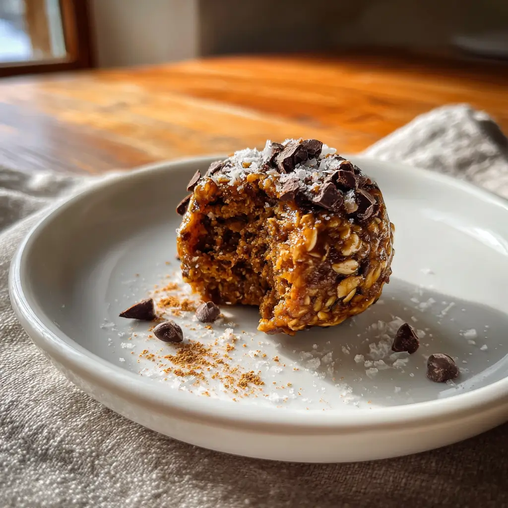 Pumpkin Pie Energy Balls – 5-Min No-Bake Snack You’ll Love 9 Close-up of bitten pumpkin pie energy ball topped with coconut and chocolate chips