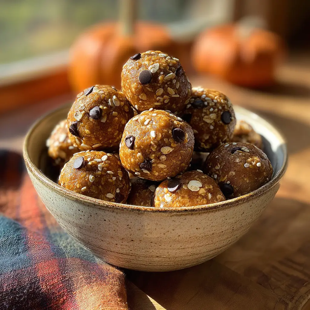 Pumpkin Pie Energy Balls – 5-Min No-Bake Snack You’ll Love 6 Pumpkin pie energy balls in a rustic ceramic bowl with chocolate chips and oats