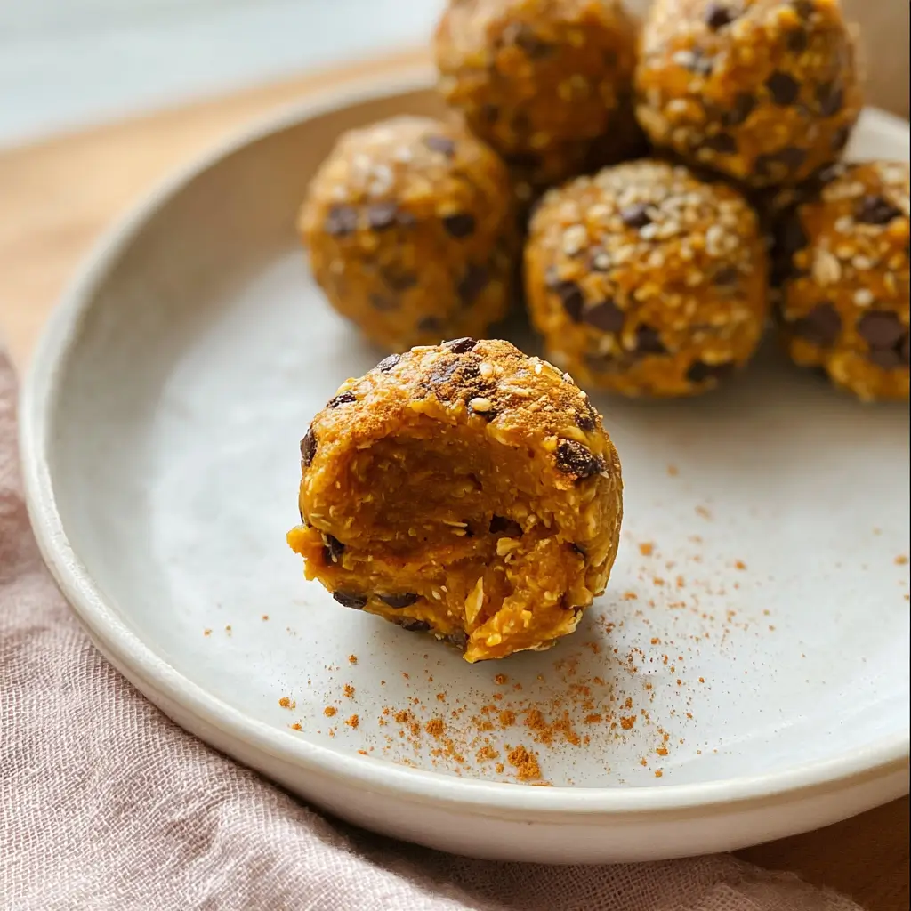 Pumpkin Pie Energy Balls – 5-Min No-Bake Snack You’ll Love 8 Bitten pumpkin pie energy ball on a ceramic plate with visible oats and chocolate chips