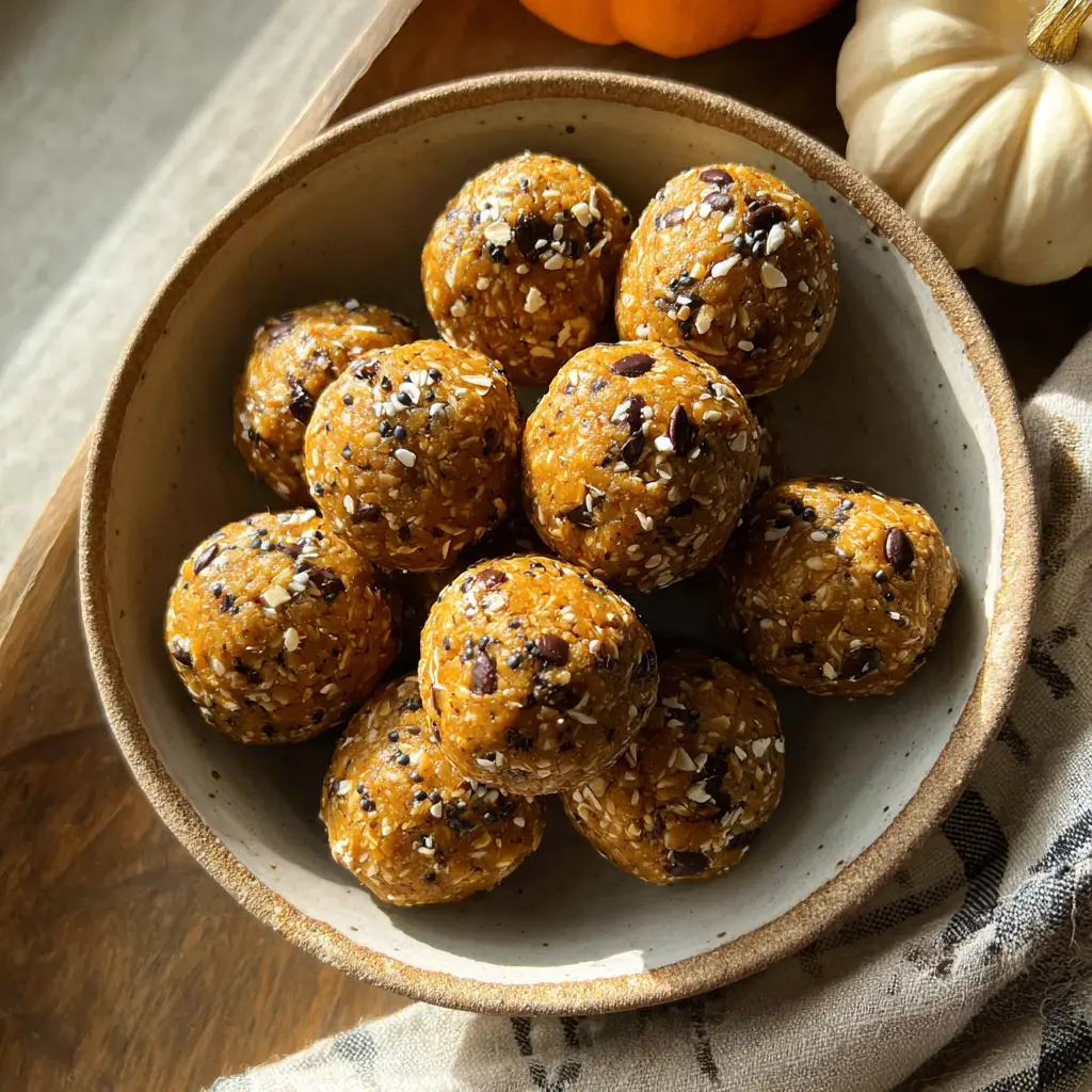 Pumpkin Pie Energy Balls – 5-Min No-Bake Snack You’ll Love 5 Top view of pumpkin pie energy balls in a rustic bowl with chia seeds and oats
