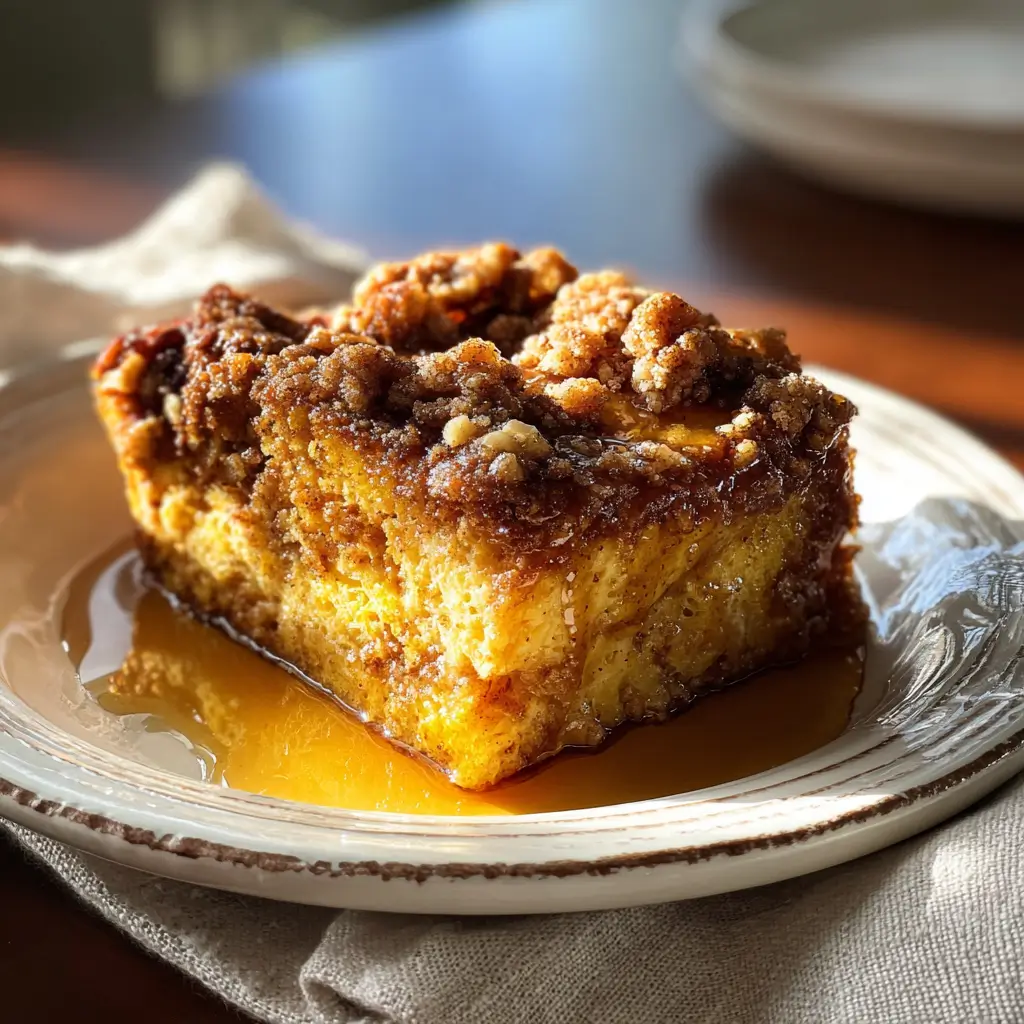 5-Star Pumpkin Pie French Toast Bake People Rave About 8 Golden slice of Pumpkin Pie French Toast Bake with cinnamon crumble and syrup on plate