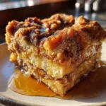 5-Star Pumpkin Pie French Toast Bake People Rave About 7 Close-up of syrup-glazed Pumpkin Pie French Toast Bake with cinnamon crumble layers