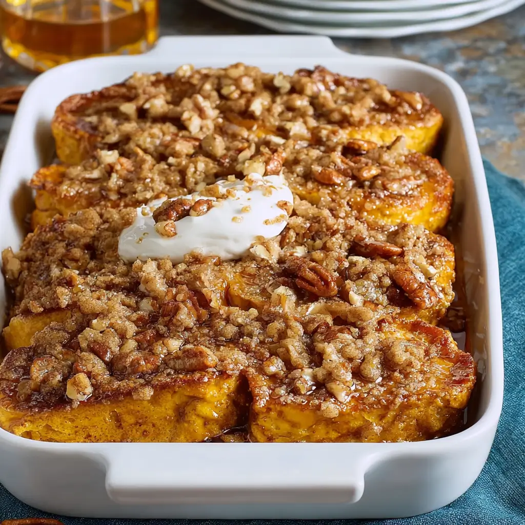 5-Star Pumpkin Pie French Toast Bake People Rave About 6 Baked Pumpkin Pie French Toast Bake in white dish with pecan crumble and whipped cream