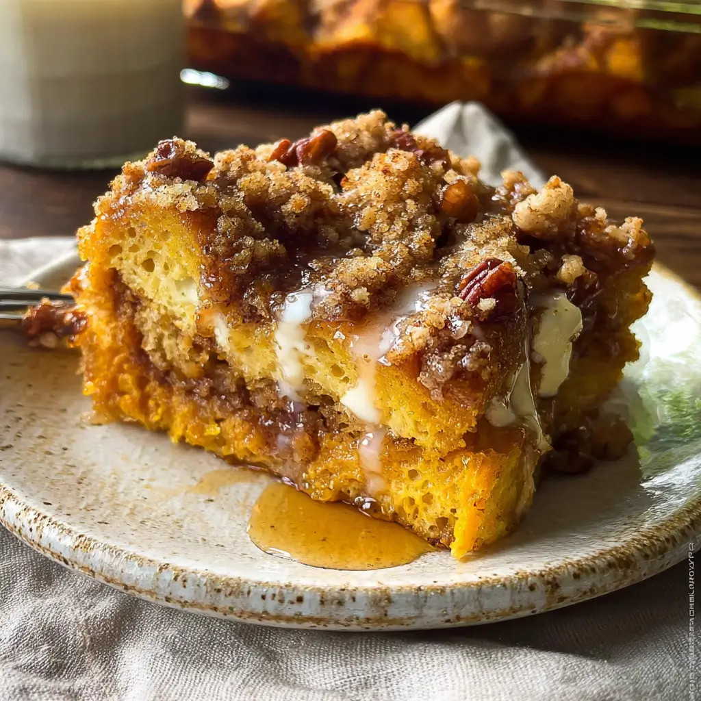 5-Star Pumpkin Pie French Toast Bake People Rave About 9 Close-up of Pumpkin Pie French Toast Bake with syrup drizzle and pecan crumble