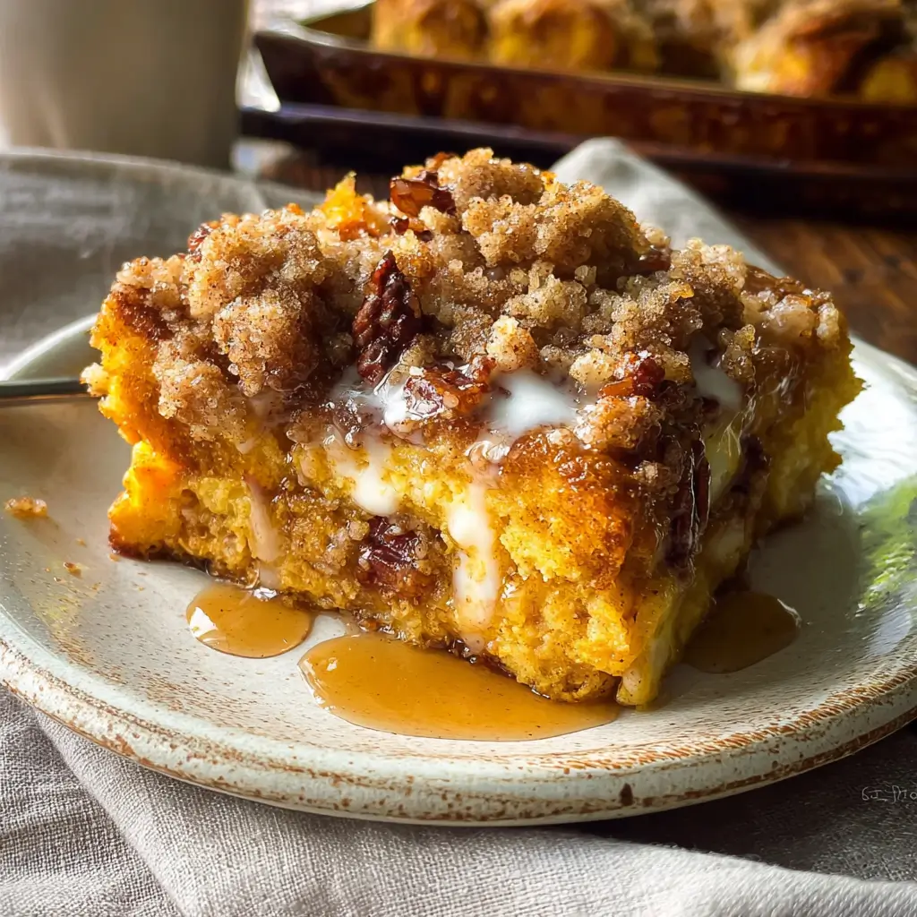 Slice of Pumpkin Pie French Toast Bake with cinnamon crumble and maple syrup drizzle