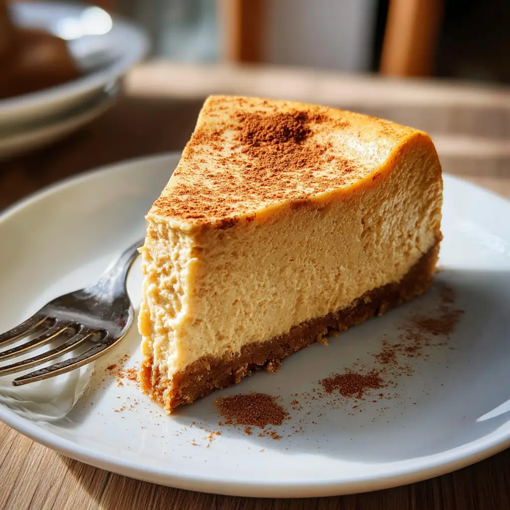 Pumpkin Protein Cheesecake – Stunning Guilt-Free Treat with 7 Simple Ingredients 8 Close-up of pumpkin protein cheesecake slice with cinnamon on white plate