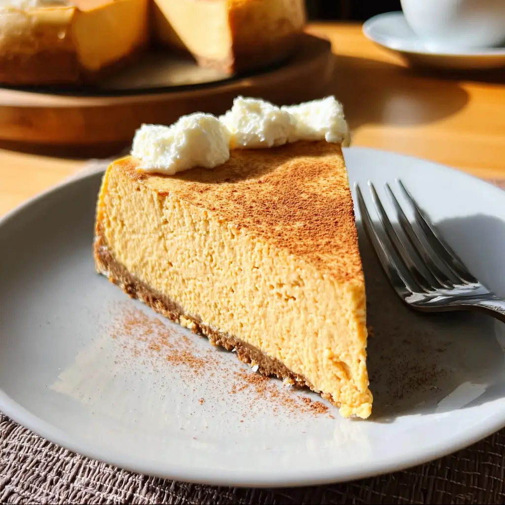 Pumpkin Protein Cheesecake – Stunning Guilt-Free Treat with 7 Simple Ingredients 6 Slice of pumpkin protein cheesecake on gray plate with fork and cinnamon dusting