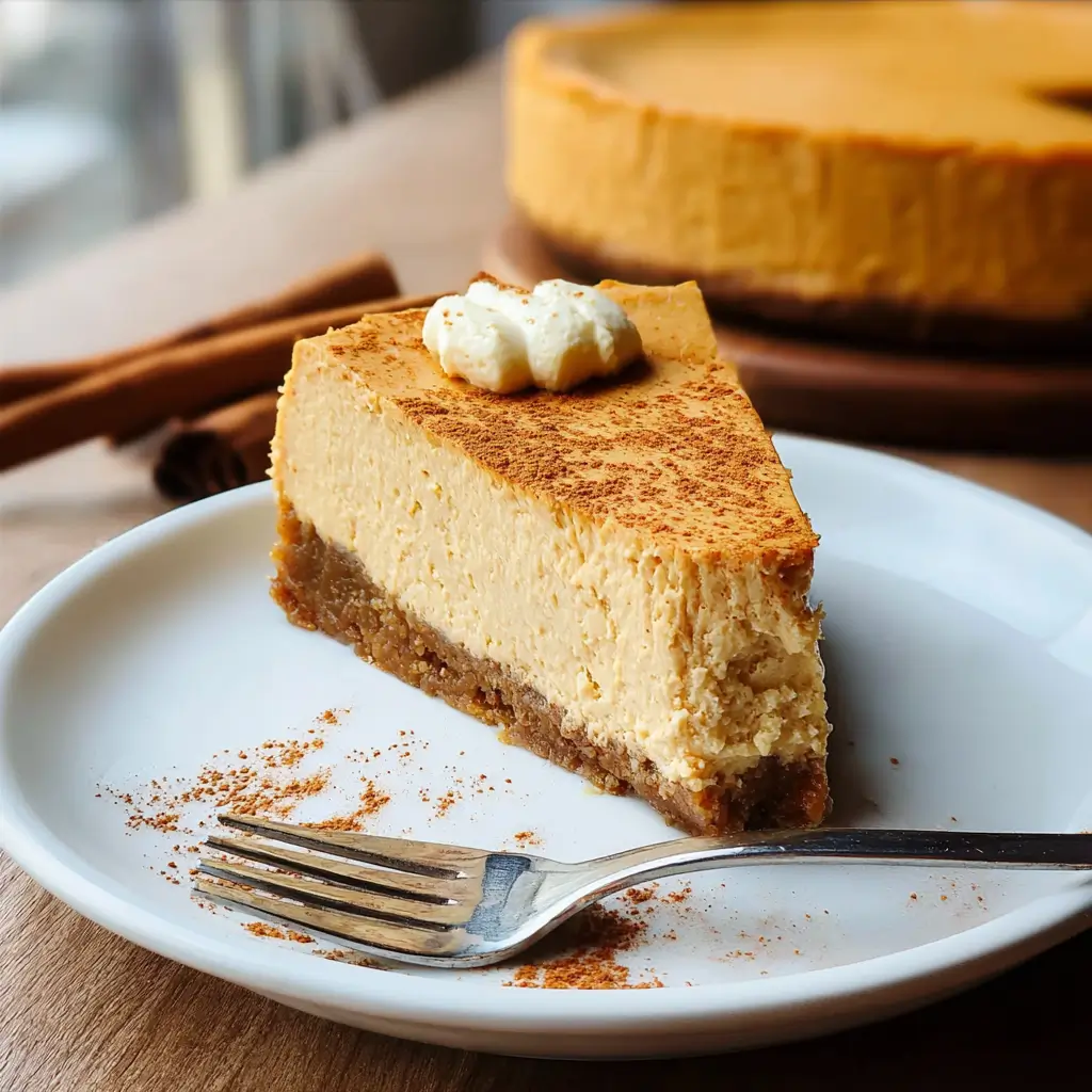 Pumpkin Protein Cheesecake – Stunning Guilt-Free Treat with 7 Simple Ingredients 9 Slice of pumpkin protein cheesecake on a white plate with cinnamon dusting