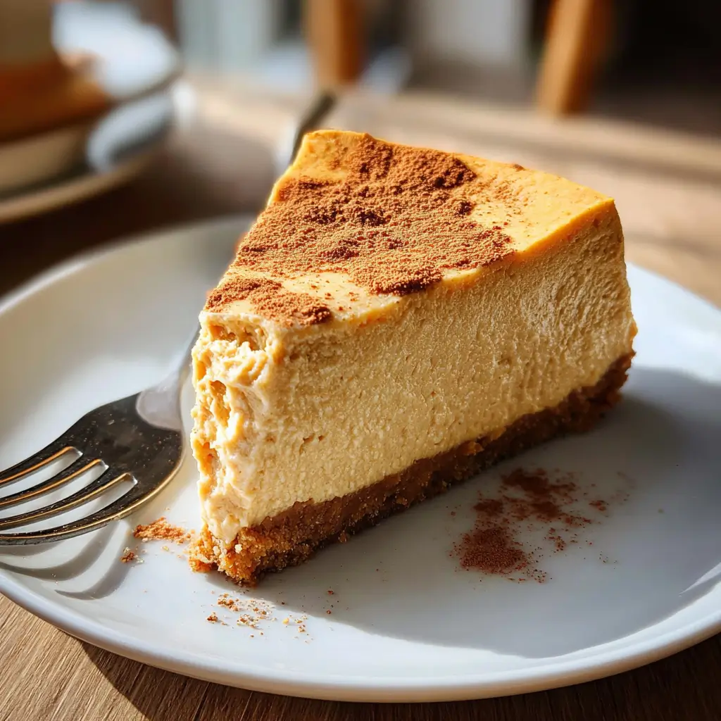 Pumpkin Protein Cheesecake – Stunning Guilt-Free Treat with 7 Simple Ingredients 5 Bitten slice of pumpkin protein cheesecake on a white plate with cinnamon and fork