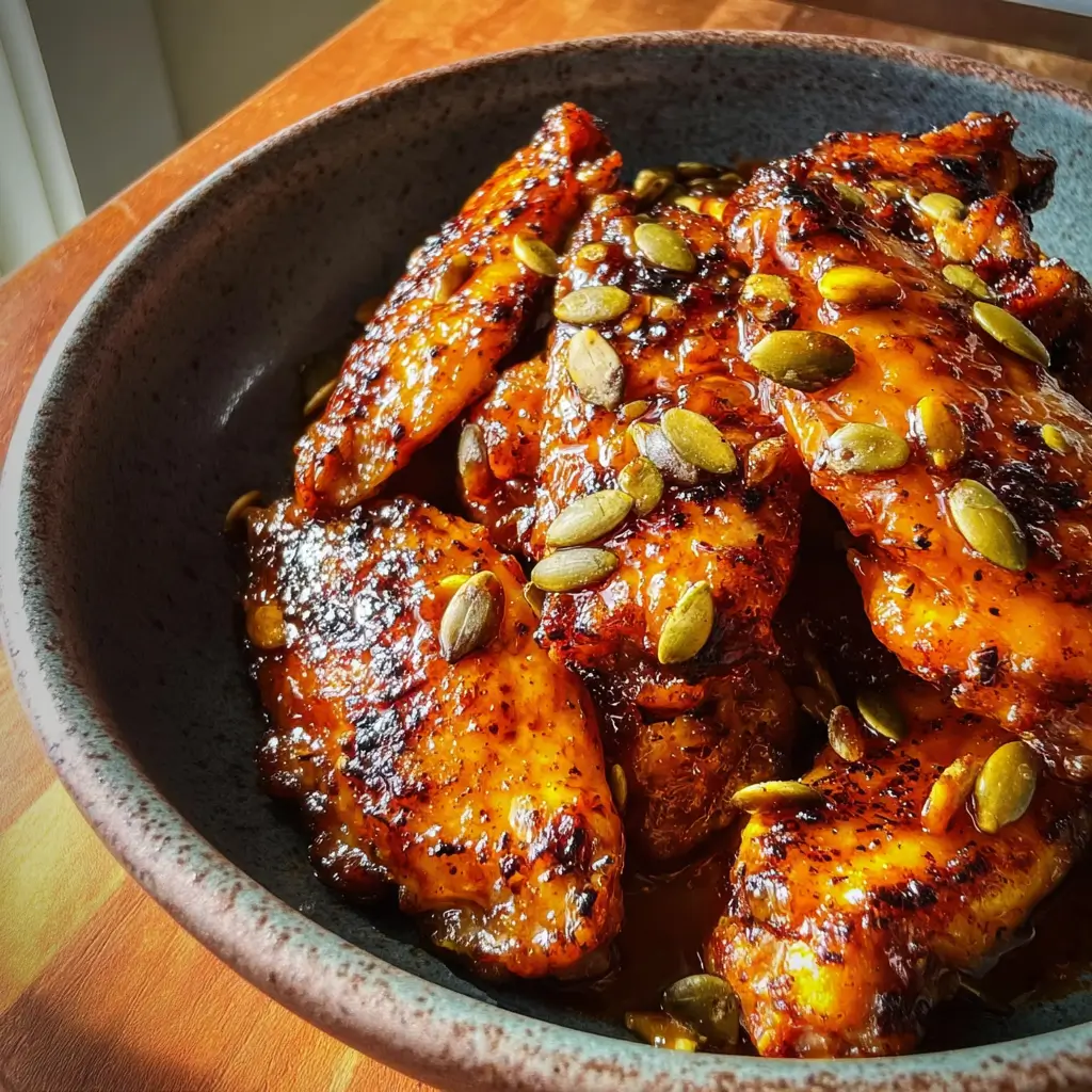 7 Irresistible Pumpkin Spice Chicken Wings Secrets to Love 6 Pumpkin spice chicken wings glazed with sticky sweet-and-spicy sauce, topped with roasted pumpkin seeds in a ceramic bowl