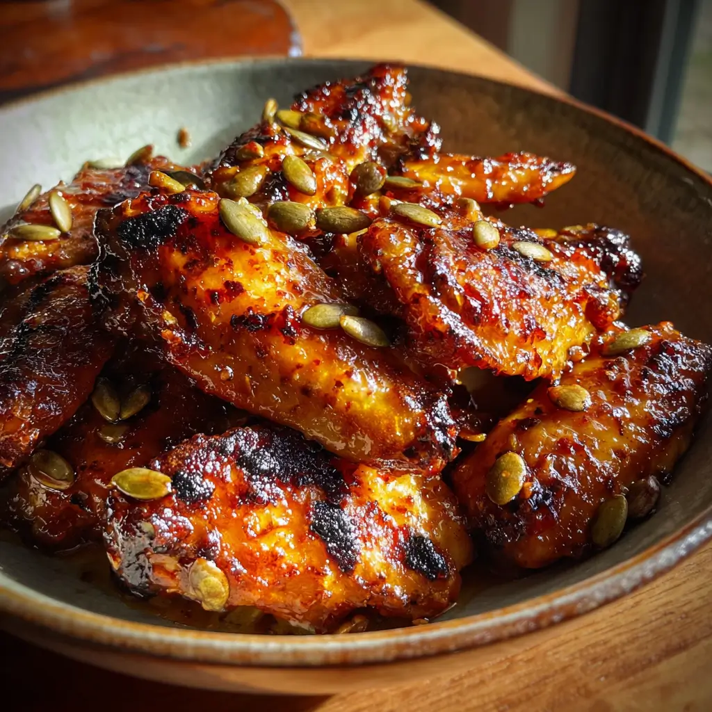 7 Irresistible Pumpkin Spice Chicken Wings Secrets to Love 9 Sticky pumpkin spice chicken wings with charred skin and roasted pumpkin seeds in a ceramic bowl
