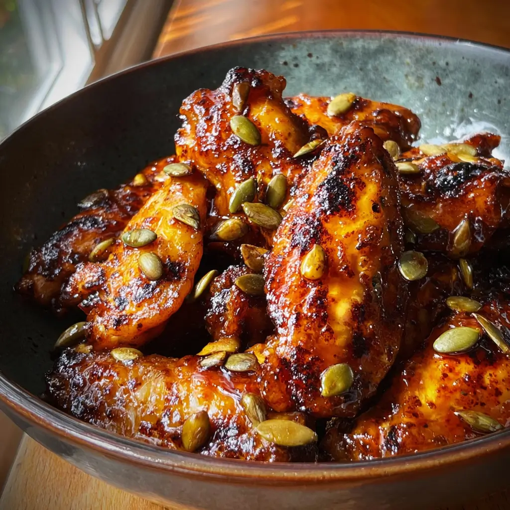 7 Irresistible Pumpkin Spice Chicken Wings Secrets to Love 5 Glazed pumpkin spice chicken wings with char marks and pumpkin seeds in a ceramic bowl near a window