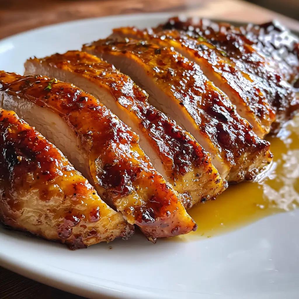 Pumpkin Spice Glazed Turkey Breast | 1 Ultimate Family Favorite Recipe 8 Sliced pumpkin spice glazed turkey breast with glossy caramelized crust and golden glaze on plate
