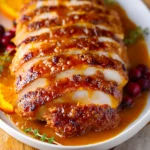 Pumpkin Spice Glazed Turkey Breast | 1 Ultimate Family Favorite Recipe 7 Sliced pumpkin spice glazed turkey breast on platter with golden glaze and festive garnishes