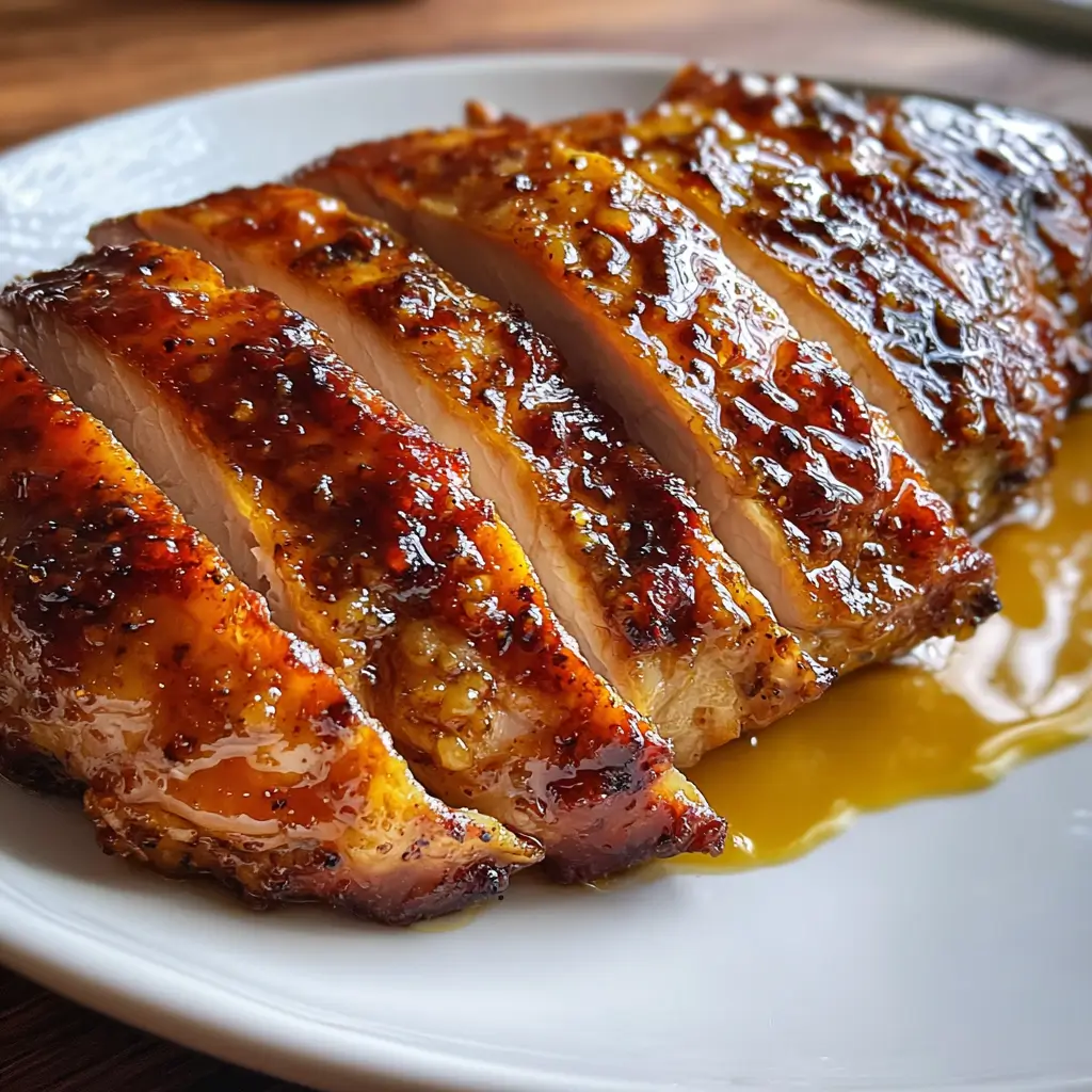 Pumpkin Spice Glazed Turkey Breast | 1 Ultimate Family Favorite Recipe 5 Close-up of sliced pumpkin spice glazed turkey breast with caramelized glaze and golden sauce