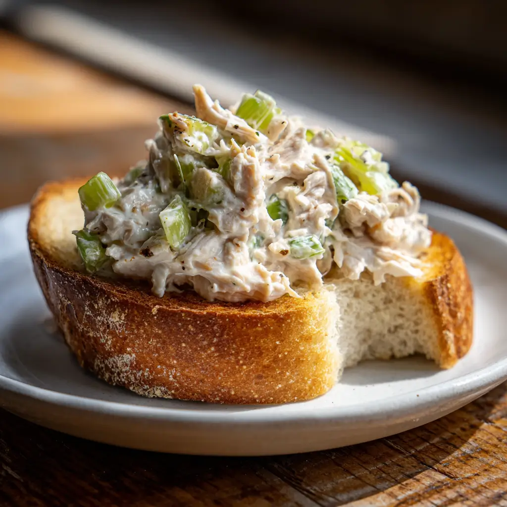 Round Swamp Farm Chicken Salad on toasted sourdough with creamy chicken and celery, bite taken
