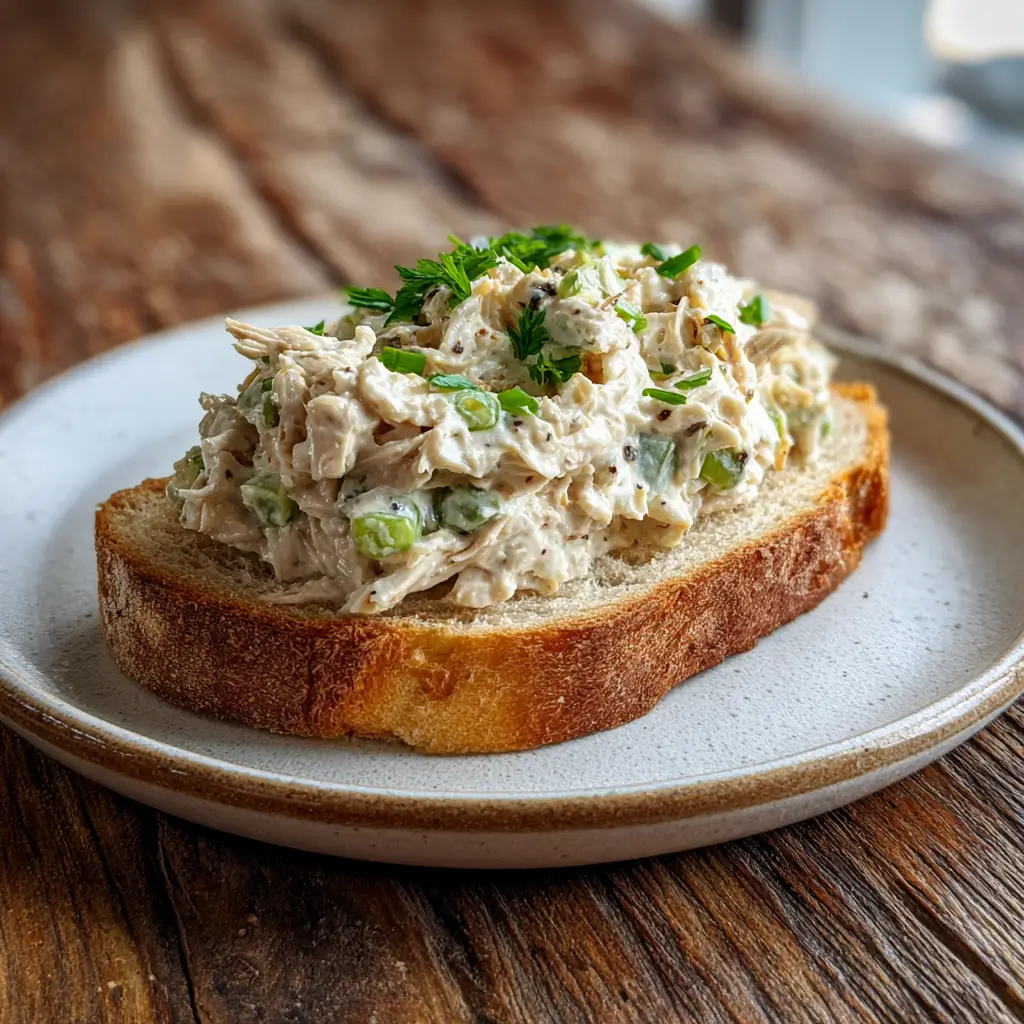 Round Swamp Farm Chicken Salad on sourdough bread with creamy texture and fresh herbs
