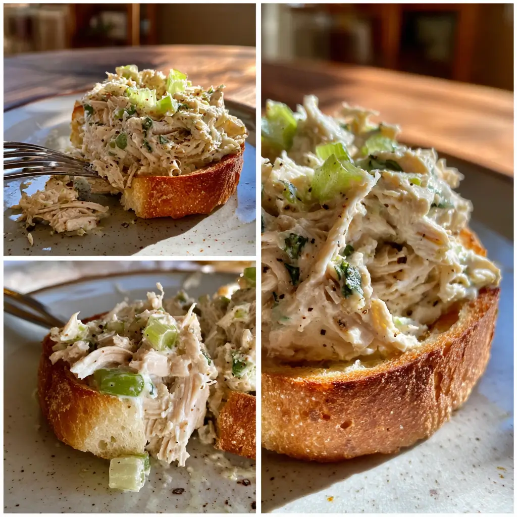Round Swamp Farm Chicken Salad on toasted bread, close-up collage with creamy shredded texture