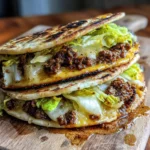 Smash Burger Tacos – 5-Minute Recipe with a Crispy Surprise 7 Homemade smash burger tacos with crispy beef, melted cheese, and toasted tortillas topped with pickles and sauce