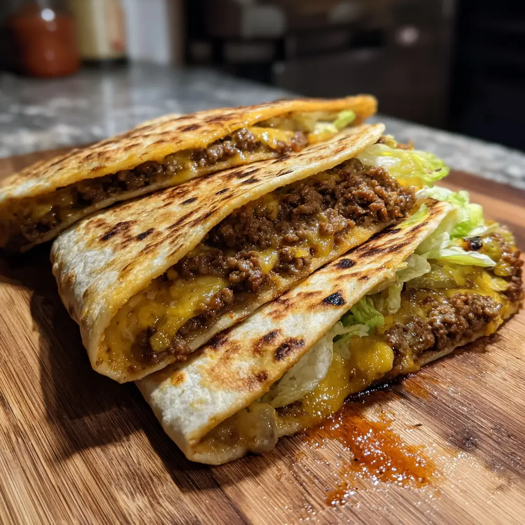 Smash Burger Tacos – 5-Minute Recipe with a Crispy Surprise 6 Homemade smash burger tacos with crispy beef, melted cheese, and toasted flour tortillas on a wooden board