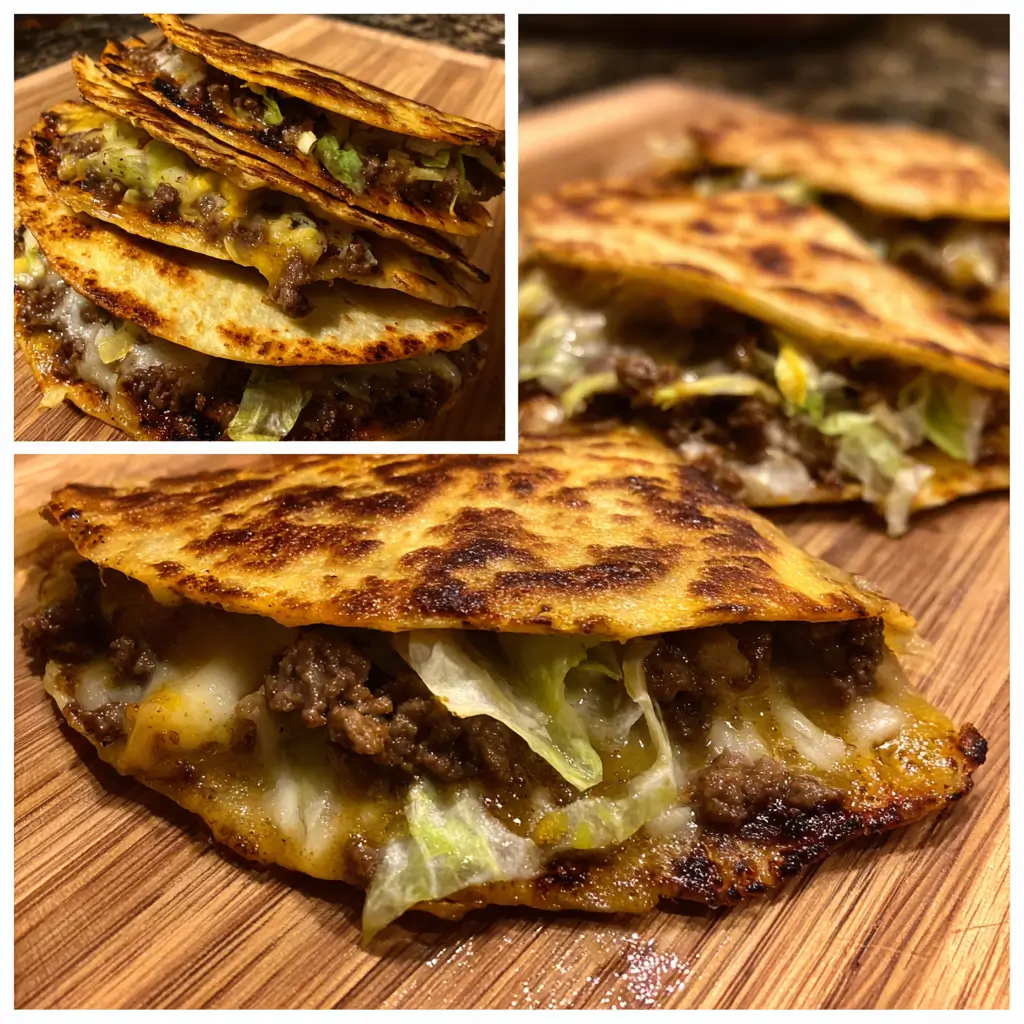 Smash burger tacos with crispy beef edges, melted cheese, and golden tortillas stacked on a wooden board
